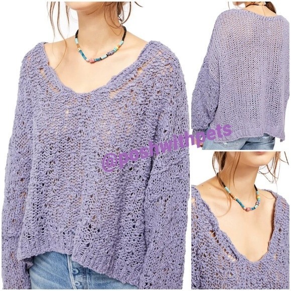 Free People NWT Sunday Shore Cotton Blend Chunky Open Knit Purple Sweater New - Picture 1 of 10